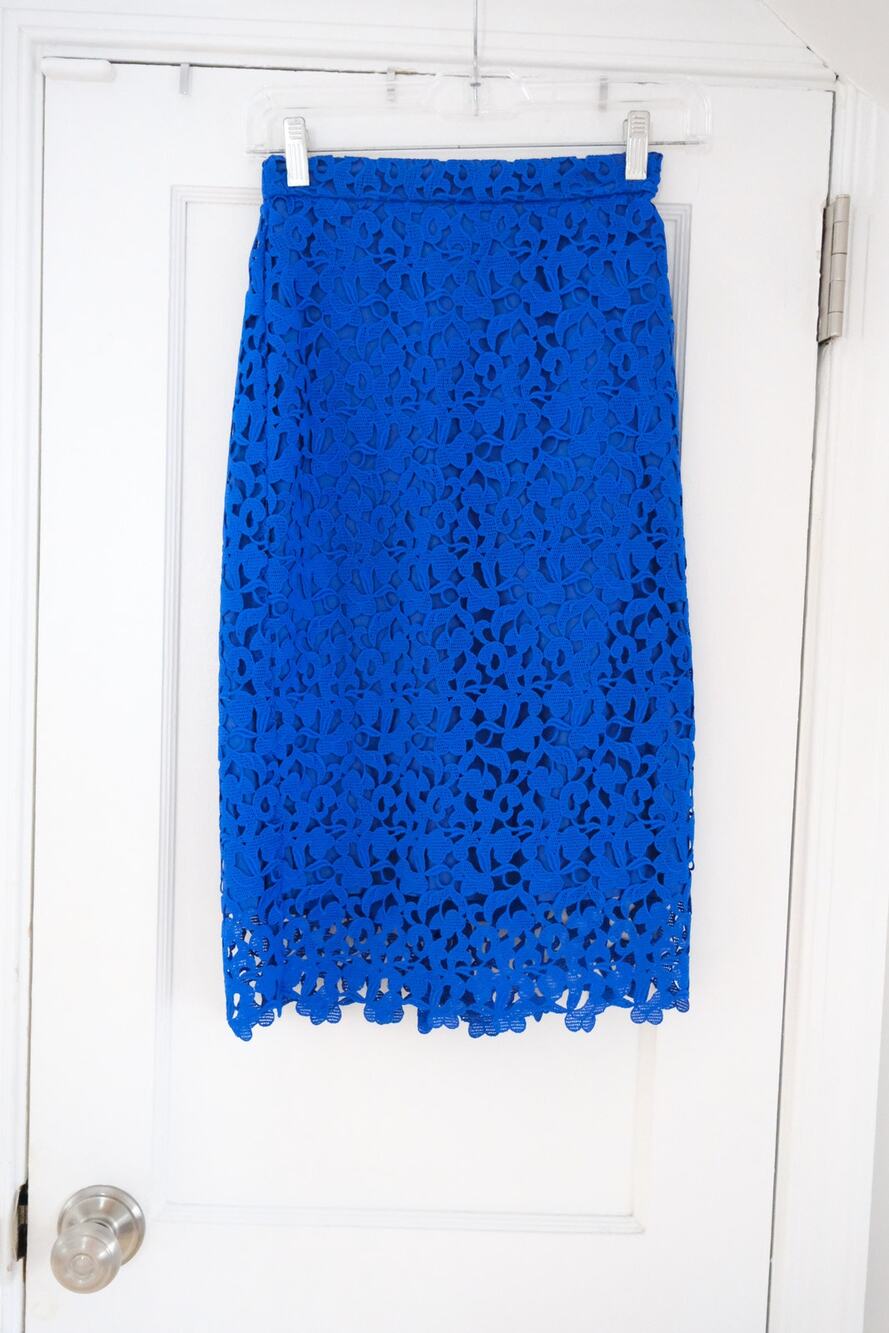 J. Crew Collection Blue Lace Overlay Lined Back Slit Skirt Sz 000